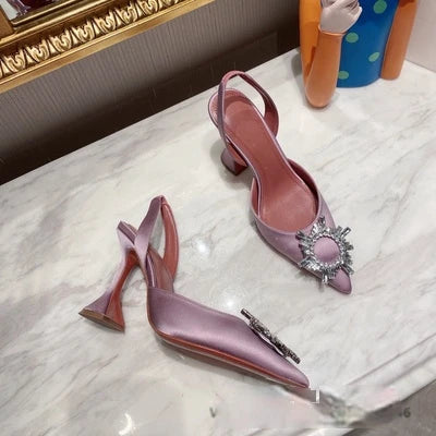 European and American 2021 Summer New Pointed High Heel Women's Shoes SUNFLOWER Drill Buckle Closed Toe Wine Cup Heel Sandals