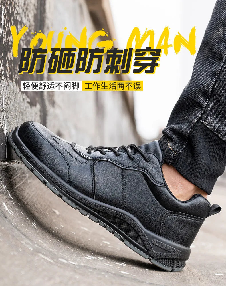 Black Safety Shoes Men Steel Toe Shoes Work Shoes Sneakers Male Anti-puncture Indestructible Security Boots Waterproof Leather