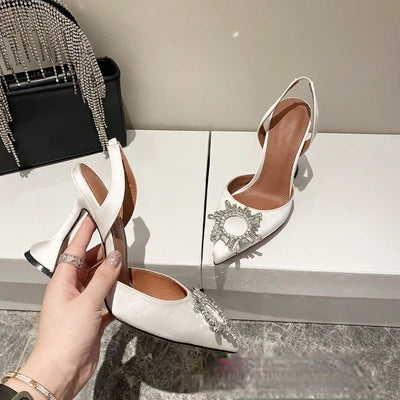 European and American 2021 Summer New Pointed High Heel Women's Shoes SUNFLOWER Drill Buckle Closed Toe Wine Cup Heel Sandals