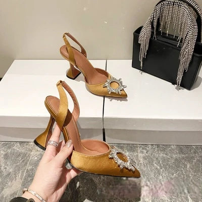 European and American 2021 Summer New Pointed High Heel Women's Shoes SUNFLOWER Drill Buckle Closed Toe Wine Cup Heel Sandals