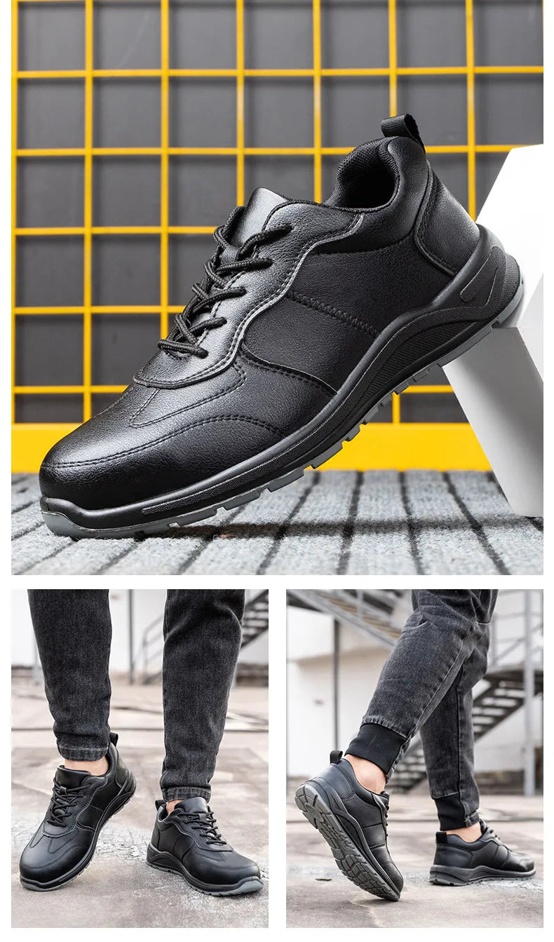 Black Safety Shoes Men Steel Toe Shoes Work Shoes Sneakers Male Anti-puncture Indestructible Security Boots Waterproof Leather