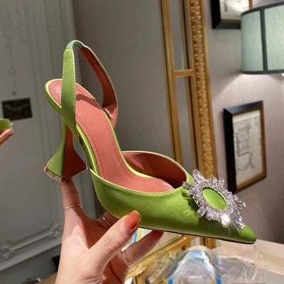 European and American 2021 Summer New Pointed High Heel Women's Shoes SUNFLOWER Drill Buckle Closed Toe Wine Cup Heel Sandals