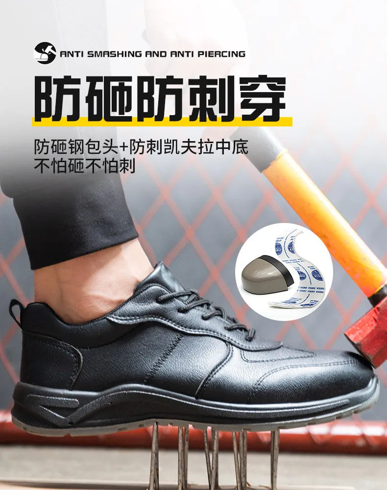 Black Safety Shoes Men Steel Toe Shoes Work Shoes Sneakers Male Anti-puncture Indestructible Security Boots Waterproof Leather