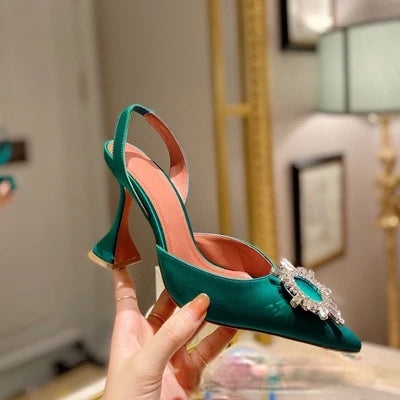 European and American 2021 Summer New Pointed High Heel Women's Shoes SUNFLOWER Drill Buckle Closed Toe Wine Cup Heel Sandals
