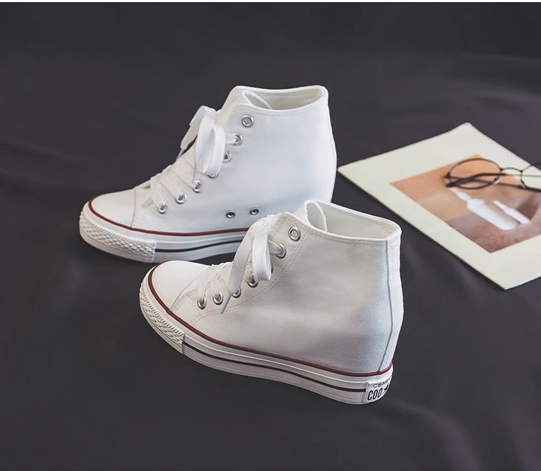 8cm High Heels Shoes Casual Canvas Shoes Platform Wedges High Top Ladies Hidden Wedge Heels Elevator Shoes