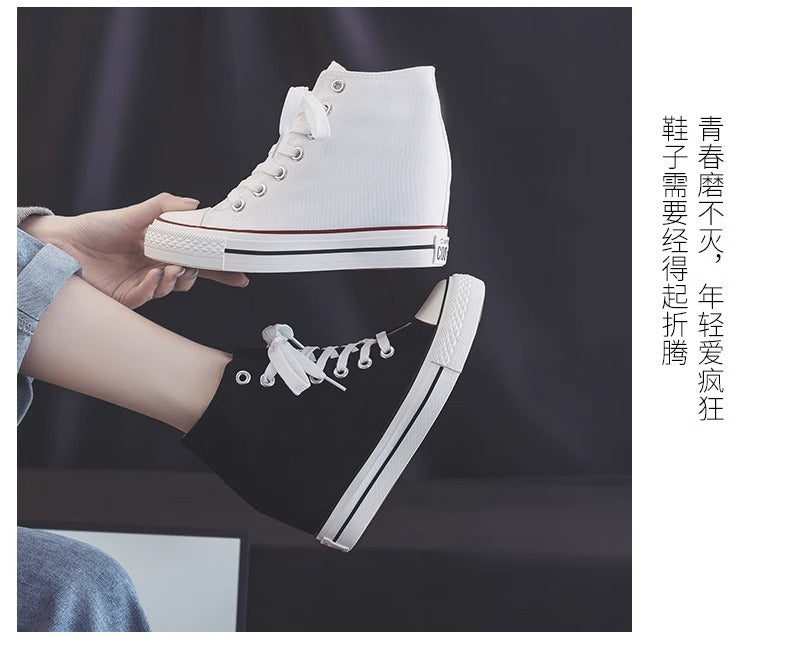 8cm High Heels Shoes Casual Canvas Shoes Platform Wedges High Top Ladies Hidden Wedge Heels Elevator Shoes
