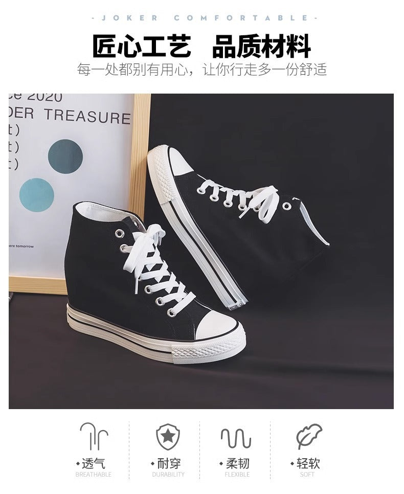 8cm High Heels Shoes Casual Canvas Shoes Platform Wedges High Top Ladies Hidden Wedge Heels Elevator Shoes