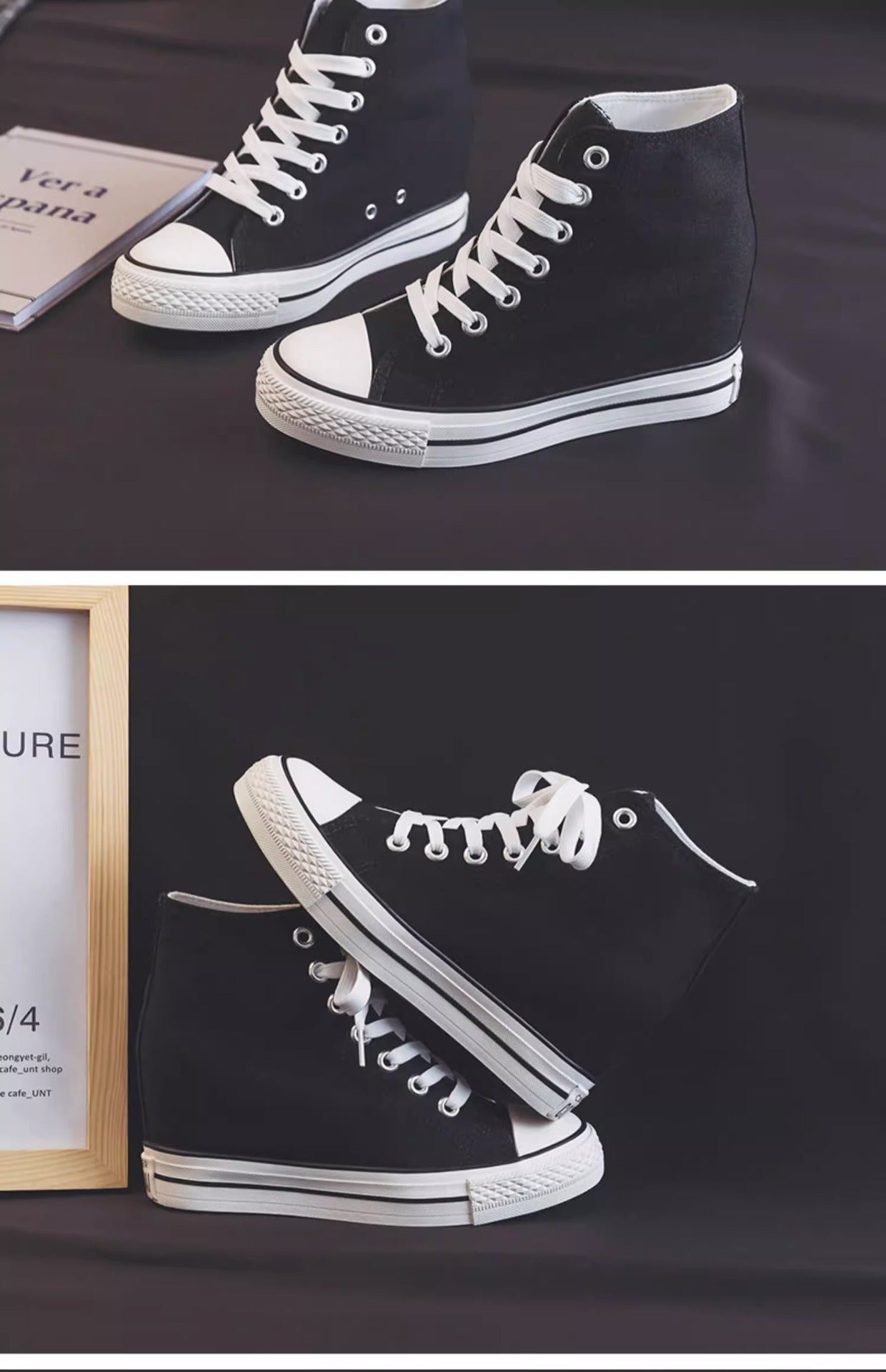 8cm High Heels Shoes Casual Canvas Shoes Platform Wedges High Top Ladies Hidden Wedge Heels Elevator Shoes