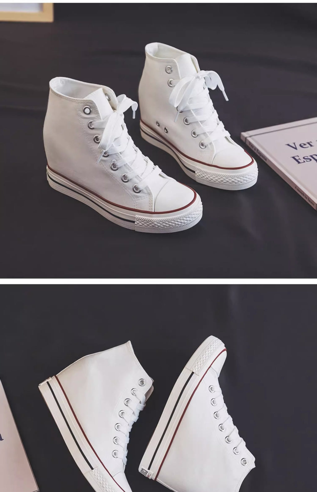 8cm High Heels Shoes Casual Canvas Shoes Platform Wedges High Top Ladies Hidden Wedge Heels Elevator Shoes