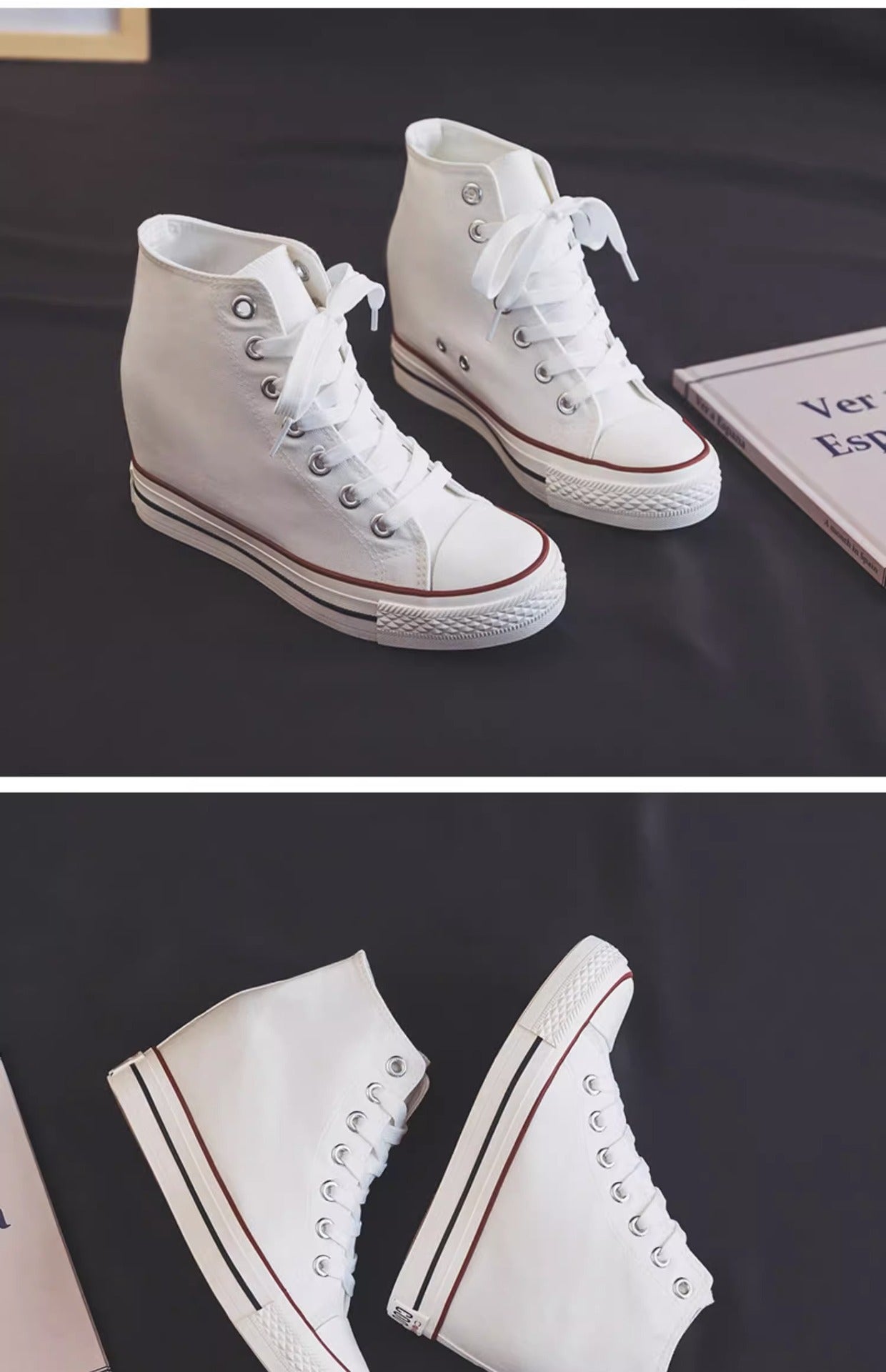 8cm High Heels Shoes Casual Canvas Shoes Platform Wedges High Top Ladies Hidden Wedge Heels Elevator Shoes