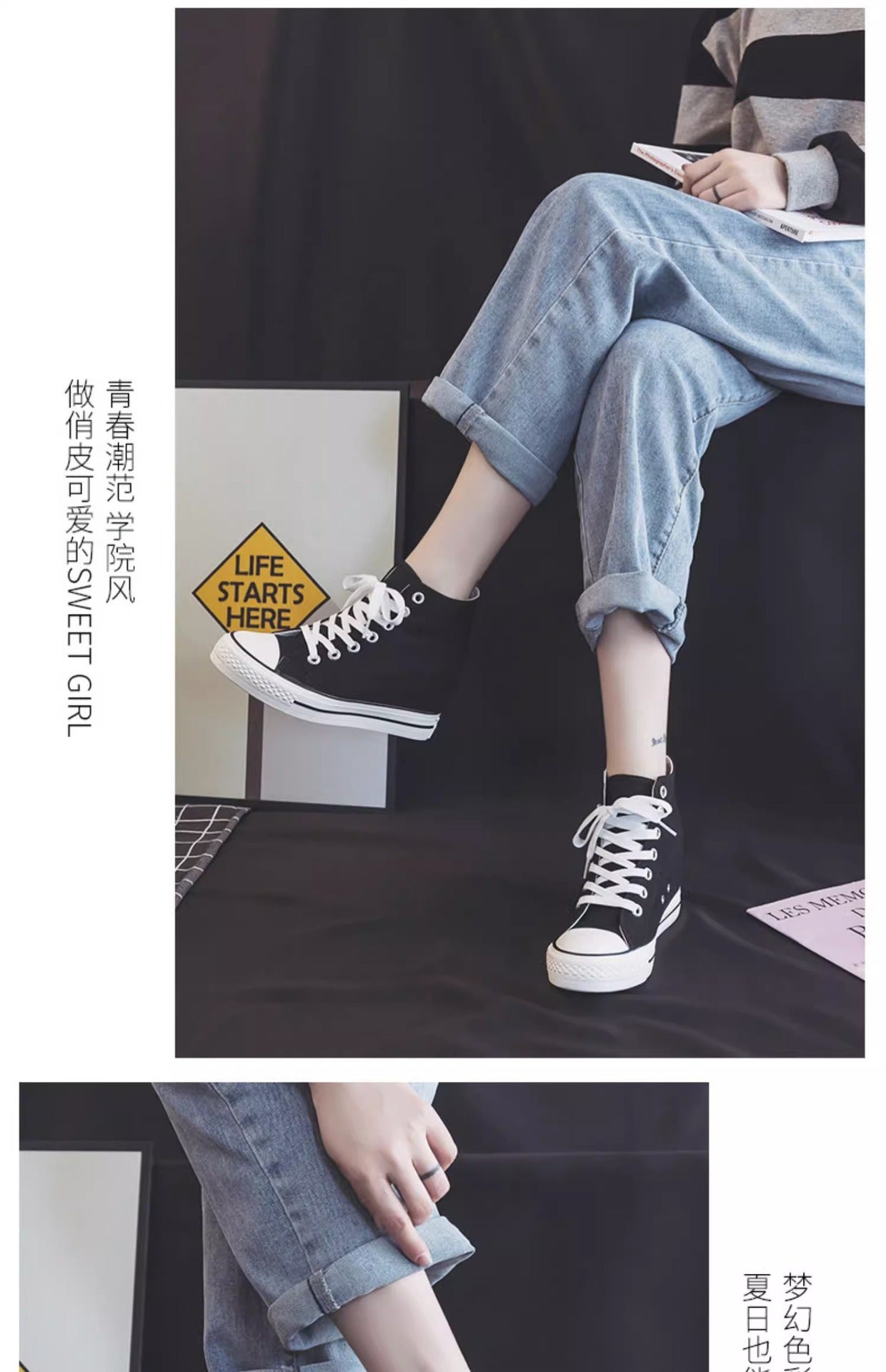8cm High Heels Shoes Casual Canvas Shoes Platform Wedges High Top Ladies Hidden Wedge Heels Elevator Shoes