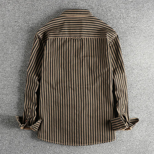 2025 Autumn And Winter New American Retro Stripe Long-Sleeve Lapel Shirt Men's Simple Fashion Washed Multi-pocket Casual Blouses