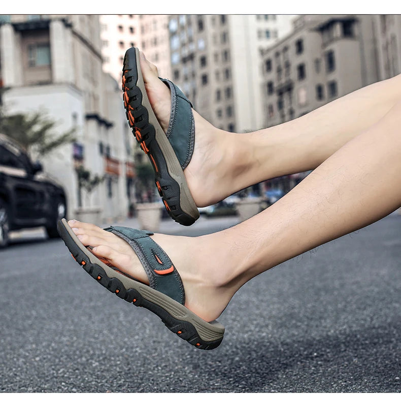 Cow Leather Outdoor Men Slippers Non-slip Wear-resistant Men's Flip Flops Summer Casual Shoes For Men Beach Sandals Plus Size