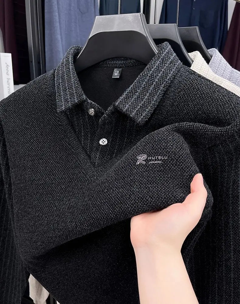 Mens Sweater Polo Collar Label Patchwork Stripes Plush Wool Liner Knitted Thickened Sweater Brand Luxury Print Thermo Menswear