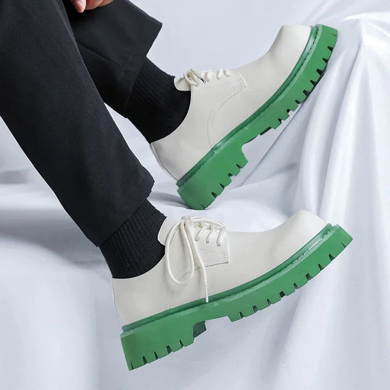 Brand Men's Lace Up Oxford Shoes Thick Sole Business Wedding Shoes Round Toe Green Sole Platform British Outdoor Casual Shoes
