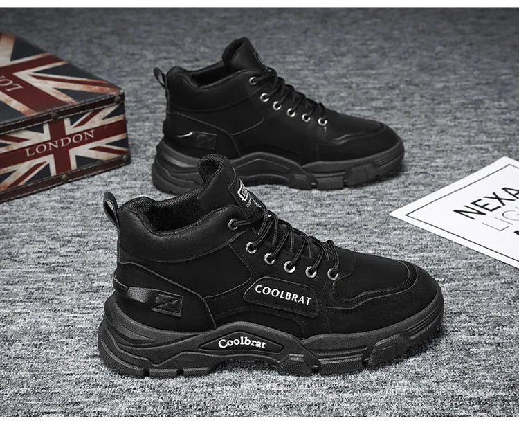 2026 new Men's High Top Boots Trendy Black Motorcycle Boots Outdoor Warm Platform Boots Men Lace-up Leather Boot Bota Masculina