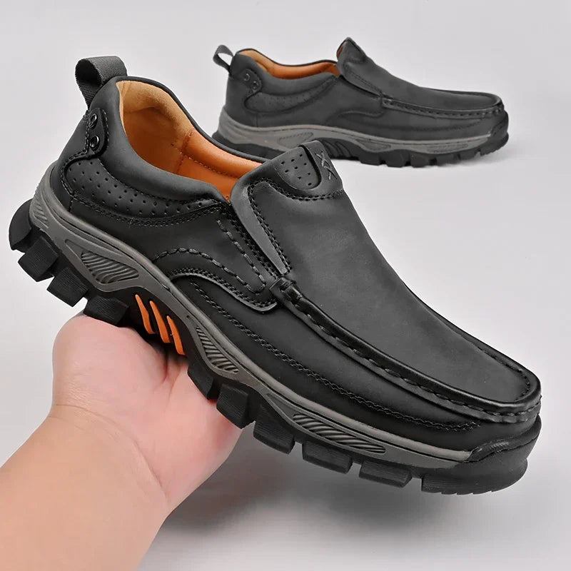 Retro Style Leather Loafers Mens Comfort Casual Shoes Breathable Male Driving Footwear Moccasin Travel Climbing Camping Footwear