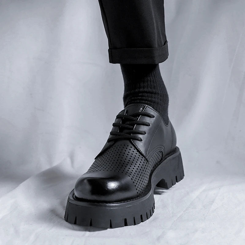 Men Korea Leather Platform Oxfords Slip On Thick Tottom For Male Derby Shoes Casual Loafers Mens Square Toe Formal Dress Shoes