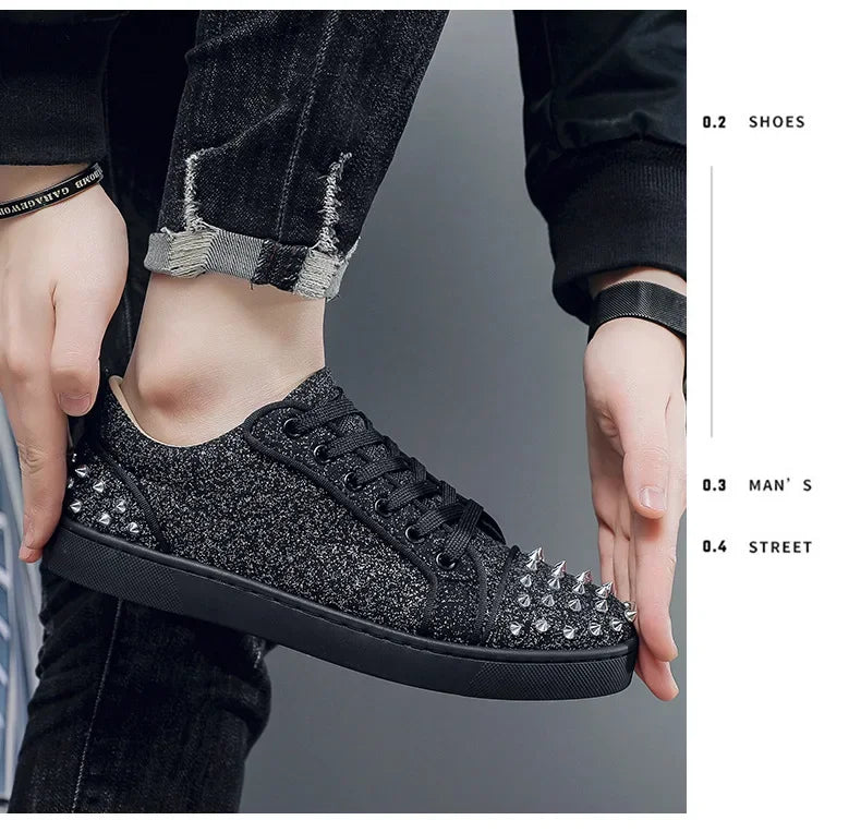 Trend Men Leather Casual Shoes Punk Style Rivet Flat Skate Shoes Young Man Street Black Sneaker