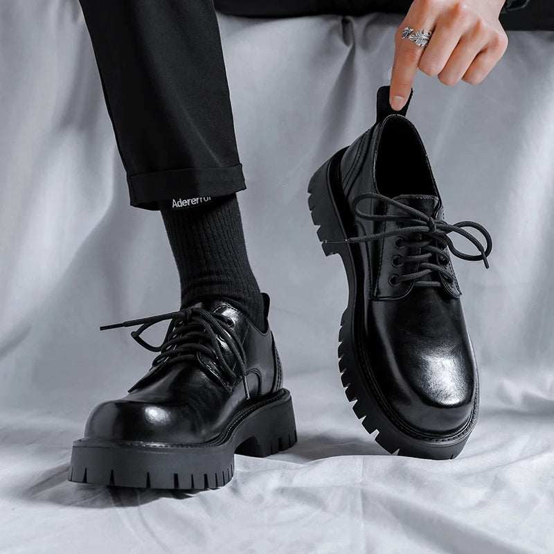 Men Korea Leather Platform Oxfords Slip On Thick Tottom For Male Derby Shoes Casual Loafers Mens Square Toe Formal Dress Shoes