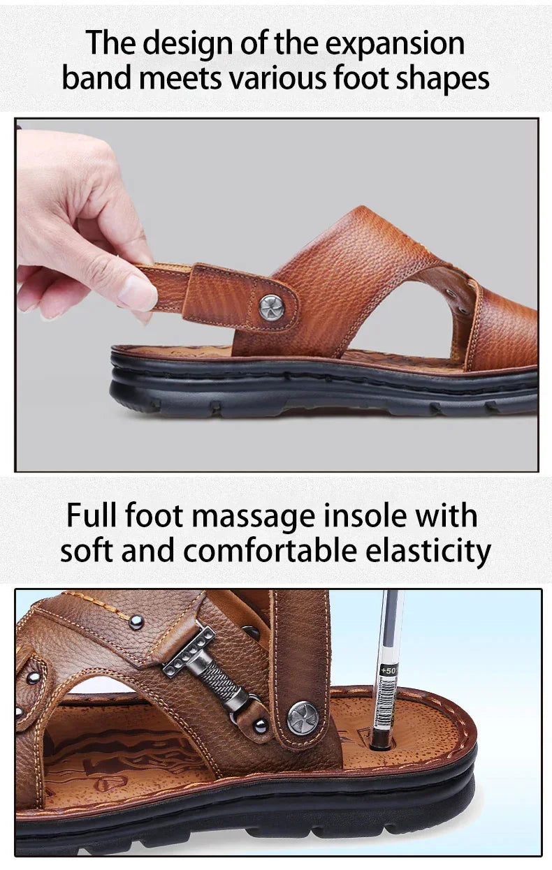 LAORENTOU leather male sandals casual beach shoes wear non-slip sandals and sliers cowhide