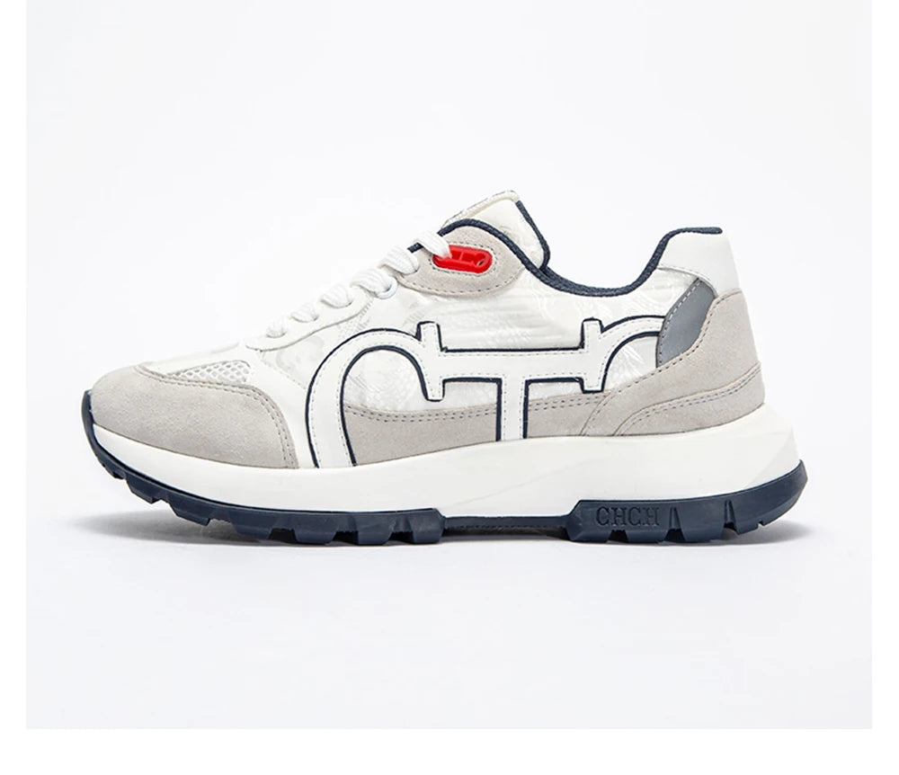 CHCH Women's Tennis Shoes 2024 Spring New Bull Leather+Fabric Spliced Casual Sports Shoes