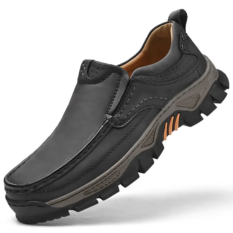 Retro Style Leather Loafers Mens Comfort Casual Shoes Breathable Male Driving Footwear Moccasin Travel Climbing Camping Footwear