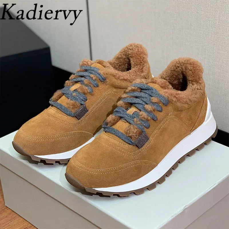 Casual New Sneakers Woman Round Toe Lace Up Outdoors Shoes Cow Suede Patchwork String Bead Comfort Flat Women's Sports Shoes