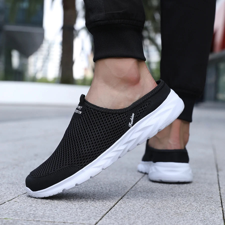 New Mens Half Slippers Summer Breathable Mesh Shoes Men Outdoor Casual Slip on Sandals Comfortable Lightweight Mesh Slippers Man