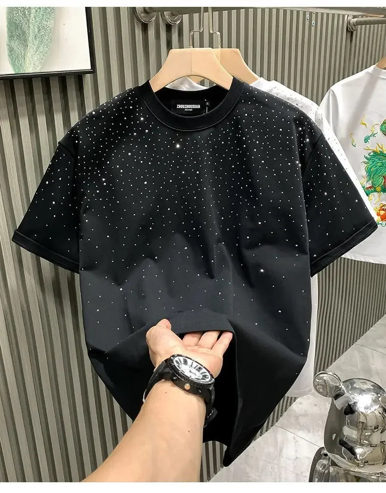 Summer Rhinestone Rivet T-shirt for Men Clothing Round Neck Casual T-shirt Fashion High Street 2024 Men's Summer Short Sleeves