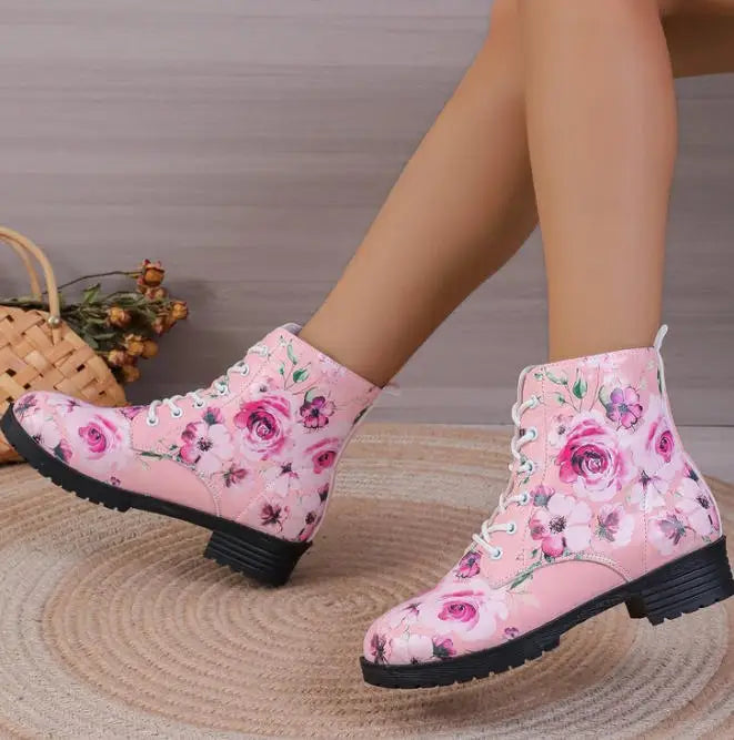 Comemore Spring 2025 Boots Leather Toe Lace-up Mid-tube Flat Pink Leather Boots Fashion Women's Low Heel Boot Shoes Plus Size 46
