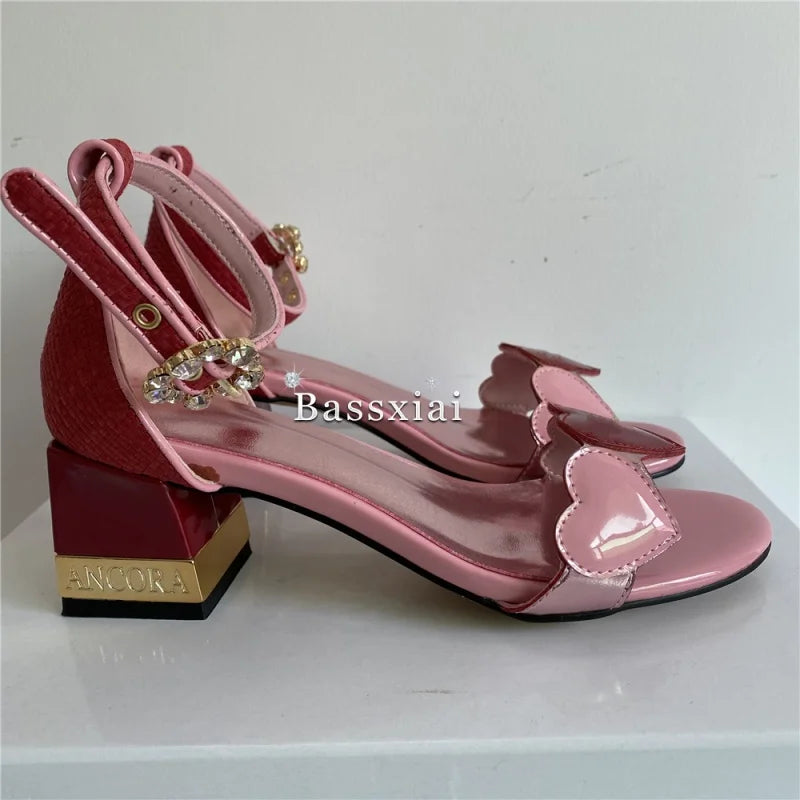 Sweet Love-heart One-Strap Sandals Women Letter Square Heel Open Toe Crystal Buckle Banquet Shoes For Girls Summer