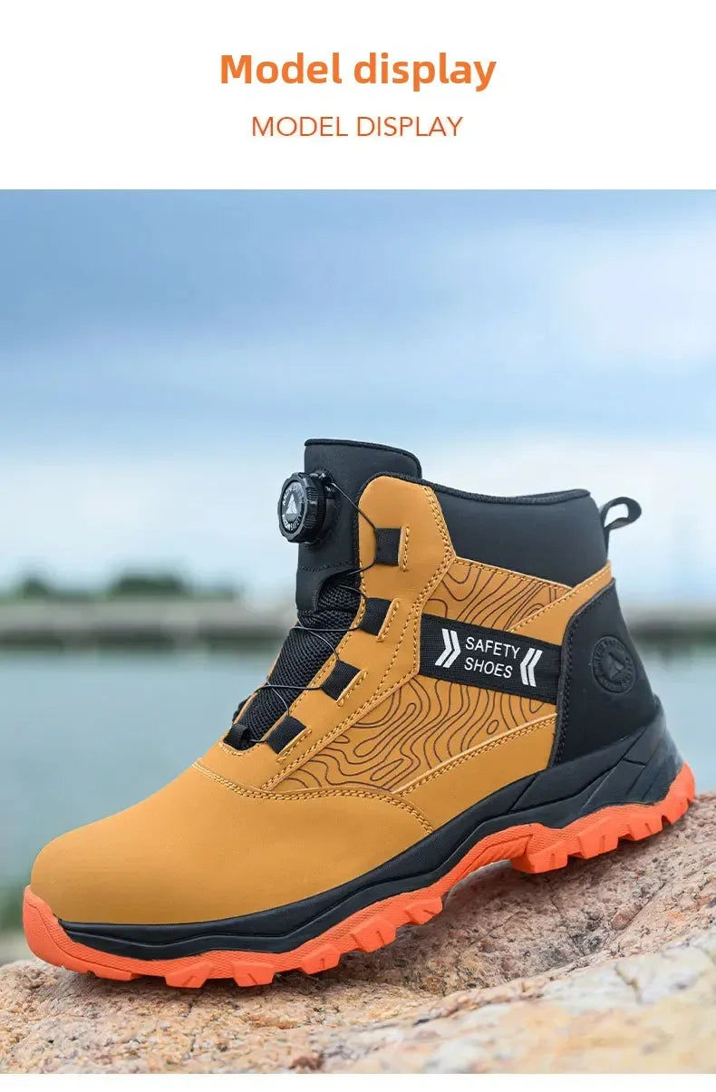 Waterproof Steel Toe Work Shoes Anti Crush Slip Resistant with Rotating Buckle No Tie Cross-Border Labor Protection Shoes