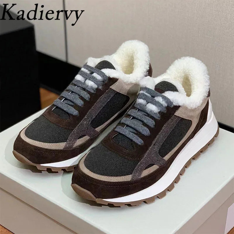 Casual New Sneakers Woman Round Toe Lace Up Outdoors Shoes Cow Suede Patchwork String Bead Comfort Flat Women's Sports Shoes