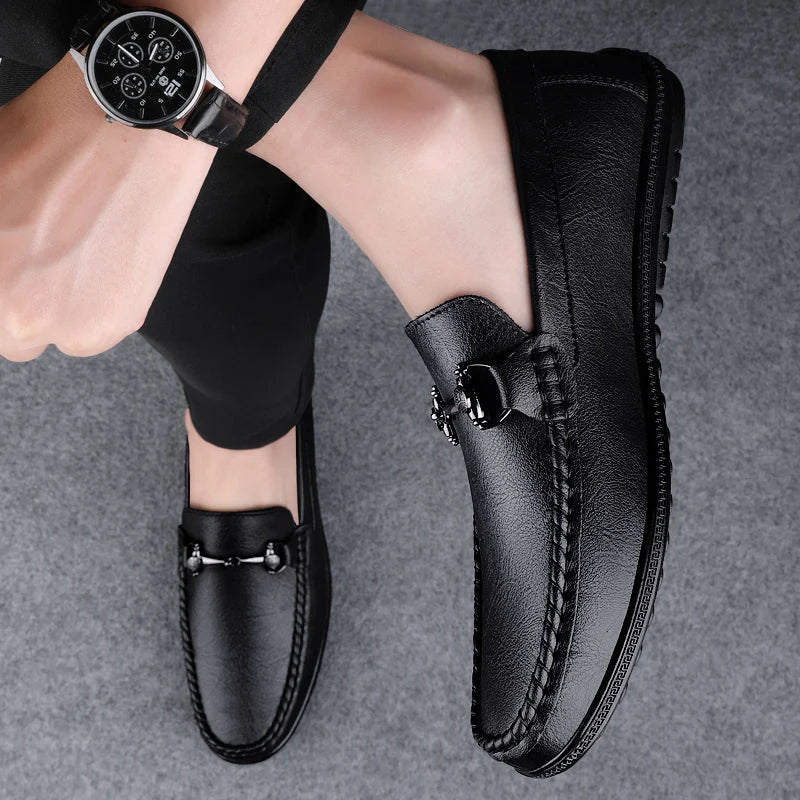 Elegantes Men Genuine Leather Loafers Non Slip Walking Shoes Breathable Outdoor Slip on Flats Casual Shoes Man Driving Moccasins