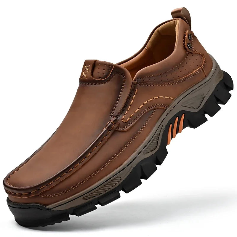 Retro Style Leather Loafers Mens Comfort Casual Shoes Breathable Male Driving Footwear Moccasin Travel Climbing Camping Footwear