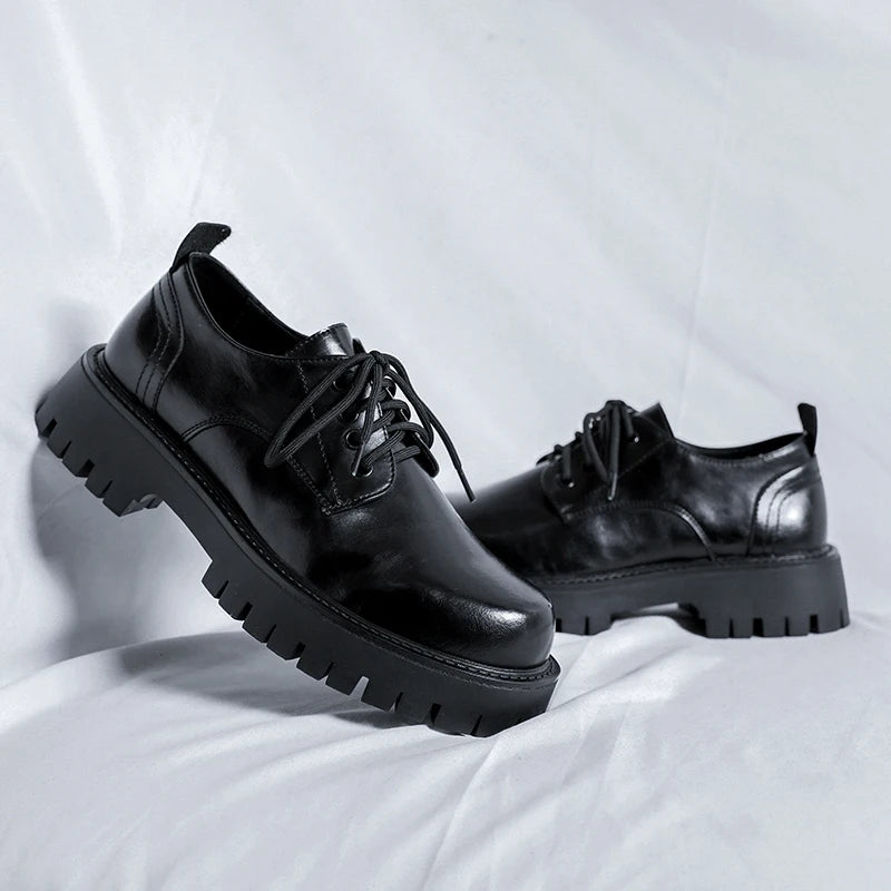 Men Korea Leather Platform Oxfords Slip On Thick Tottom For Male Derby Shoes Casual Loafers Mens Square Toe Formal Dress Shoes