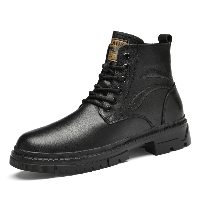 Men's Black Leather Boots Side Zipper Lace-Up Ankle Boots Non-Slip Platform Combat Boots for Casual Work Outdoor Big Size 49 50
