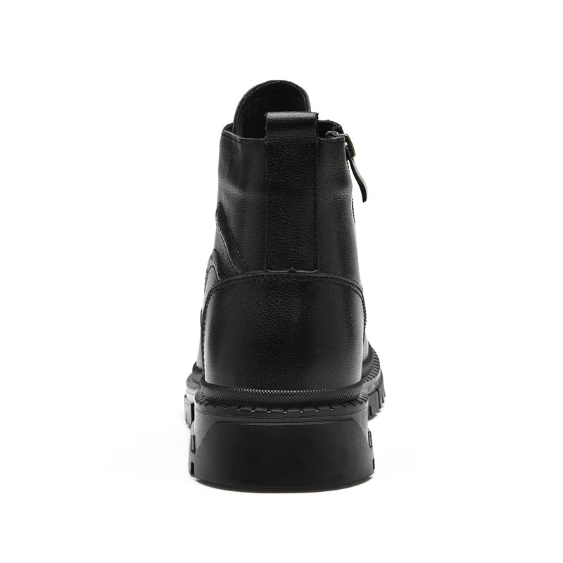 Men's Black Leather Boots Side Zipper Lace-Up Ankle Boots Non-Slip Platform Combat Boots for Casual Work Outdoor Big Size 49 50