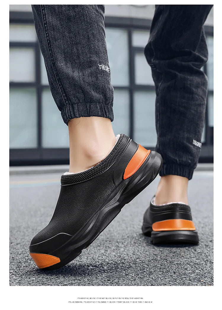 STRONGSHEN Men Plush Warm Chef Shoes Outdoor Garden Clogs Proffesional Waterproof Oilproof Non-Slip Kitchen Shoes For Pet Work