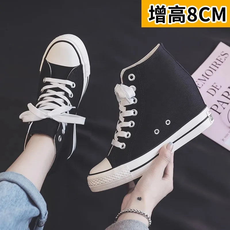 8cm High Heels Shoes Casual Canvas Shoes Platform Wedges High Top Ladies Hidden Wedge Heels Elevator Shoes