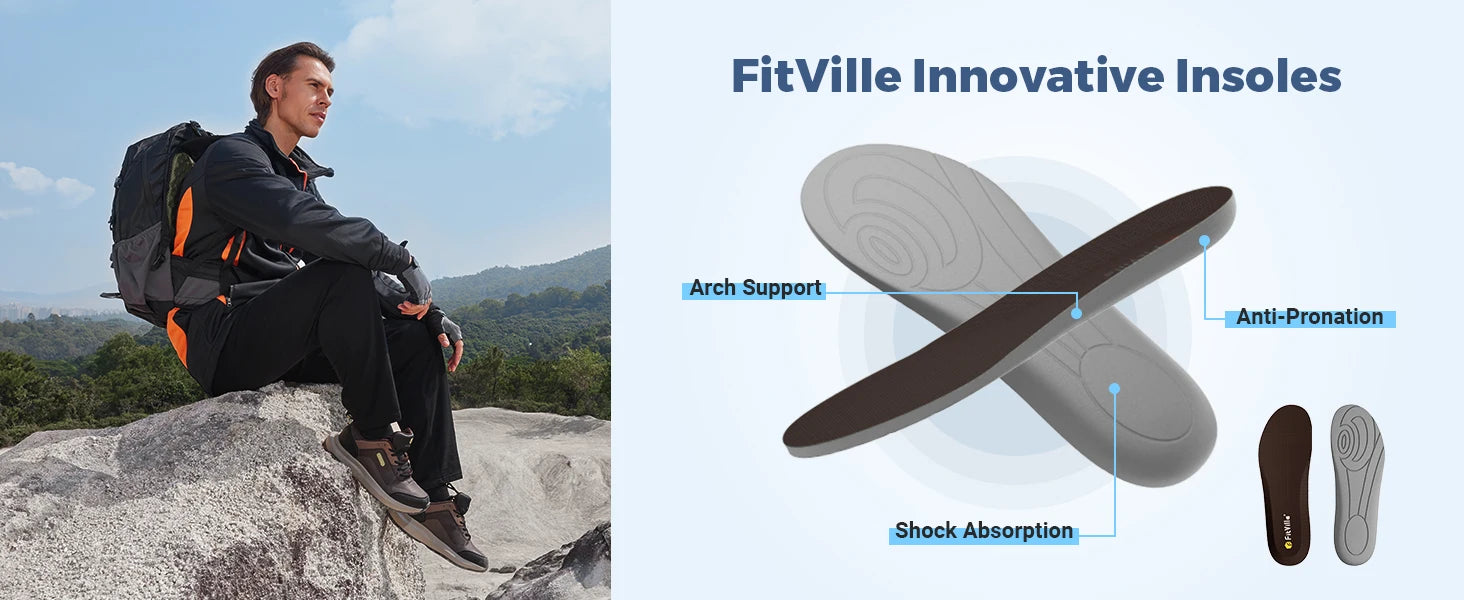 Fittington Hiking Shoes Extra Wide For Man Outdoor Walking Shoes Low-top Waterproof Work Shoes Toe with Arch Support for Heel
