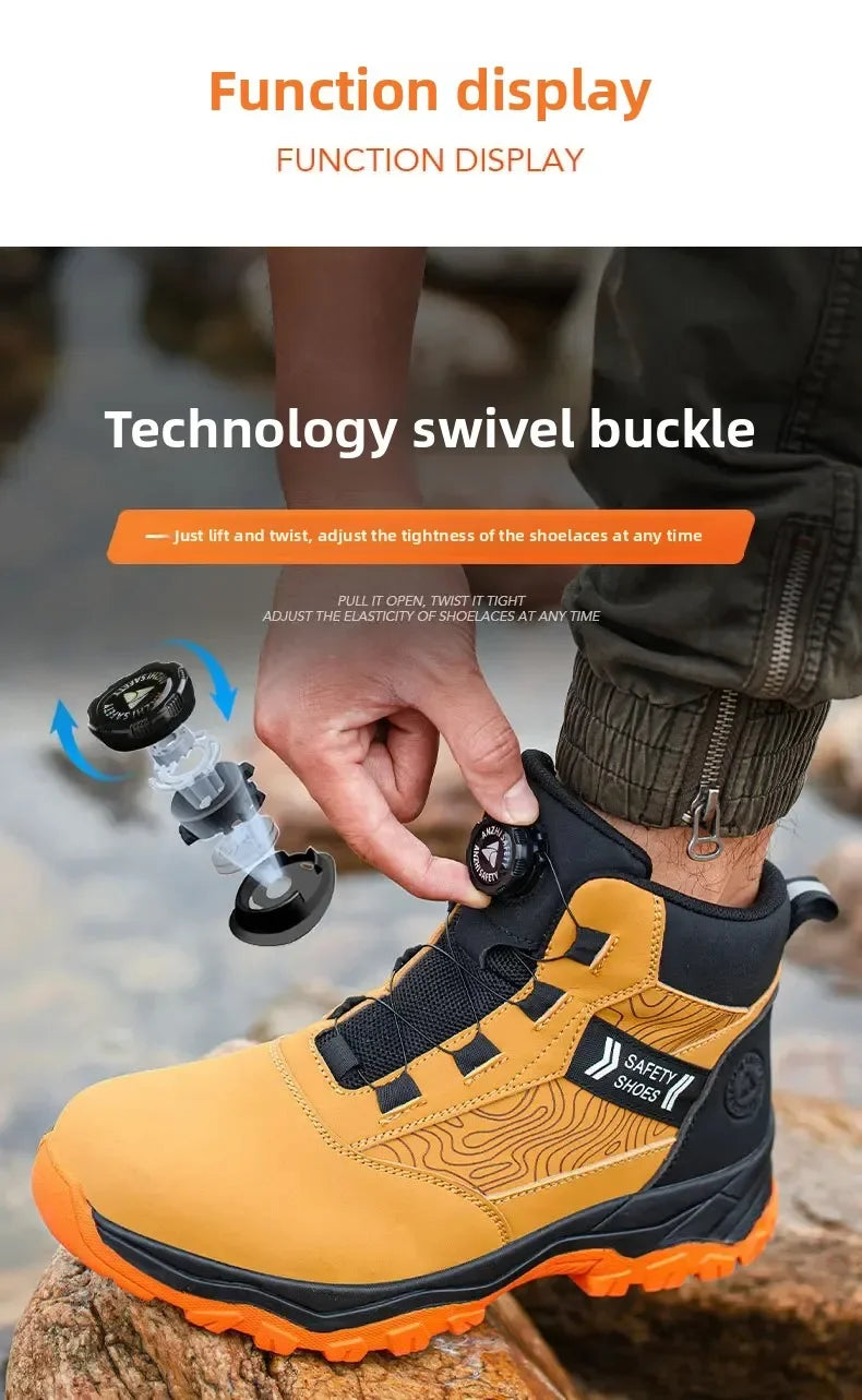 Waterproof Steel Toe Work Shoes Anti Crush Slip Resistant with Rotating Buckle No Tie Cross-Border Labor Protection Shoes