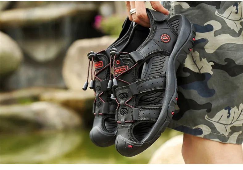 Men Summer Beach Sandals Outdoor Non-slip Wading Shoes Fisherman Leather Breathable Hiking Non-slip Sandals Sandalia Masculina
