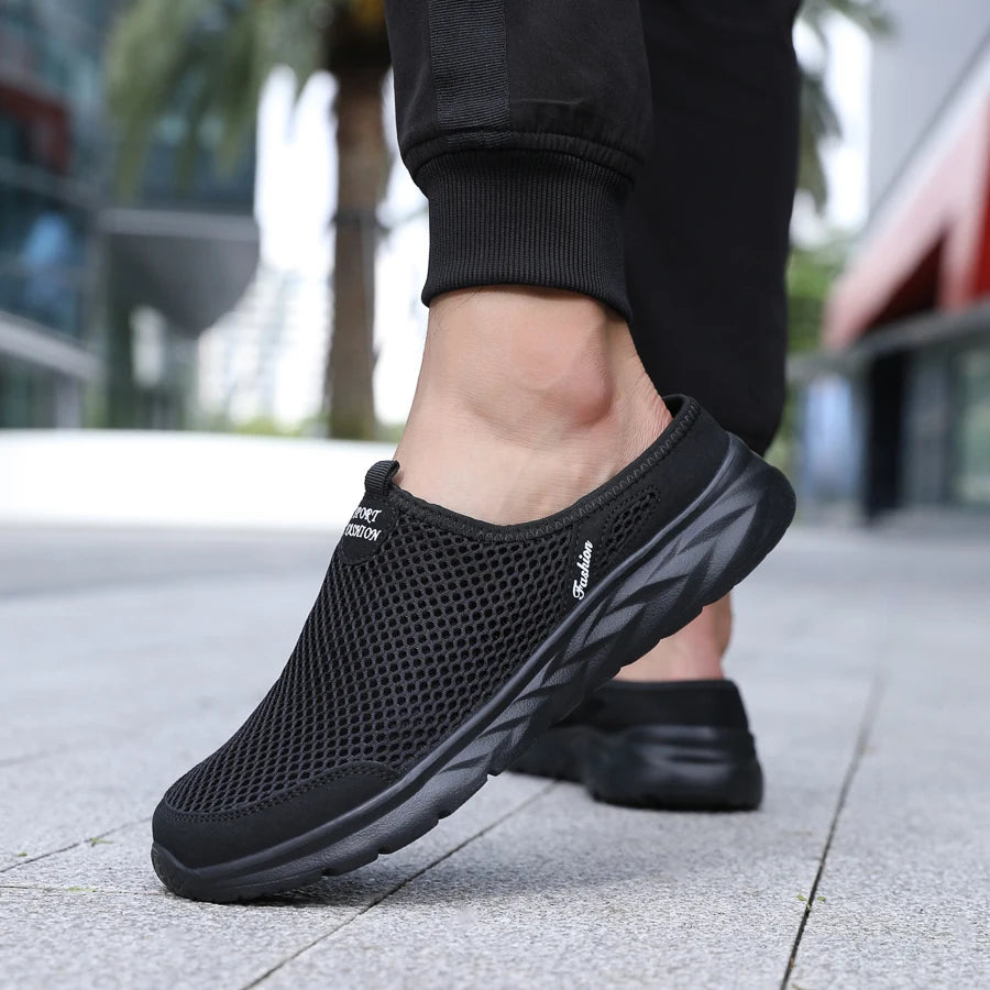 New Mens Half Slippers Summer Breathable Mesh Shoes Men Outdoor Casual Slip on Sandals Comfortable Lightweight Mesh Slippers Man