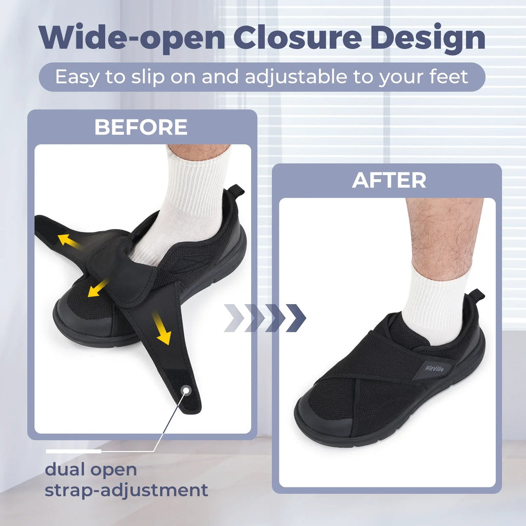 FitVille Men's Diabetic Shoes Extra Wide Slip-On Shoes for Swollen Feet Adjustable Walking Shoes for Elderly Foot Pain Relief
