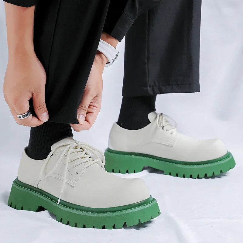 Brand Men's Lace Up Oxford Shoes Thick Sole Business Wedding Shoes Round Toe Green Sole Platform British Outdoor Casual Shoes
