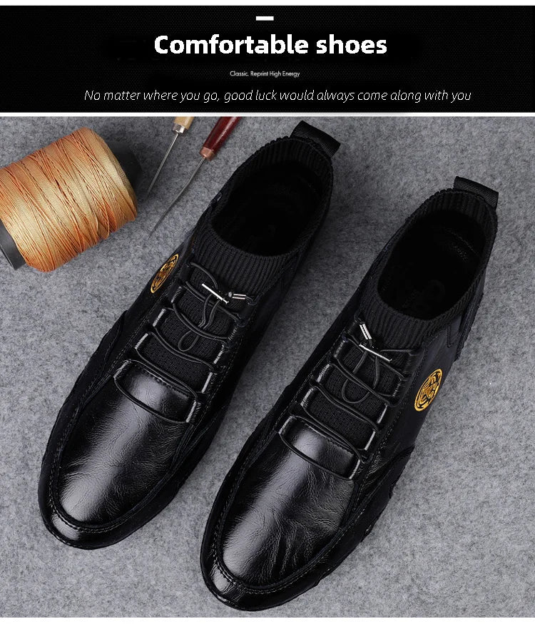 CLOHOO Men's Wear-resistant Boots Casual Classic Genuine Leather Handmade Shoes Ankle Round Toe Lace Up Walking Business Boot