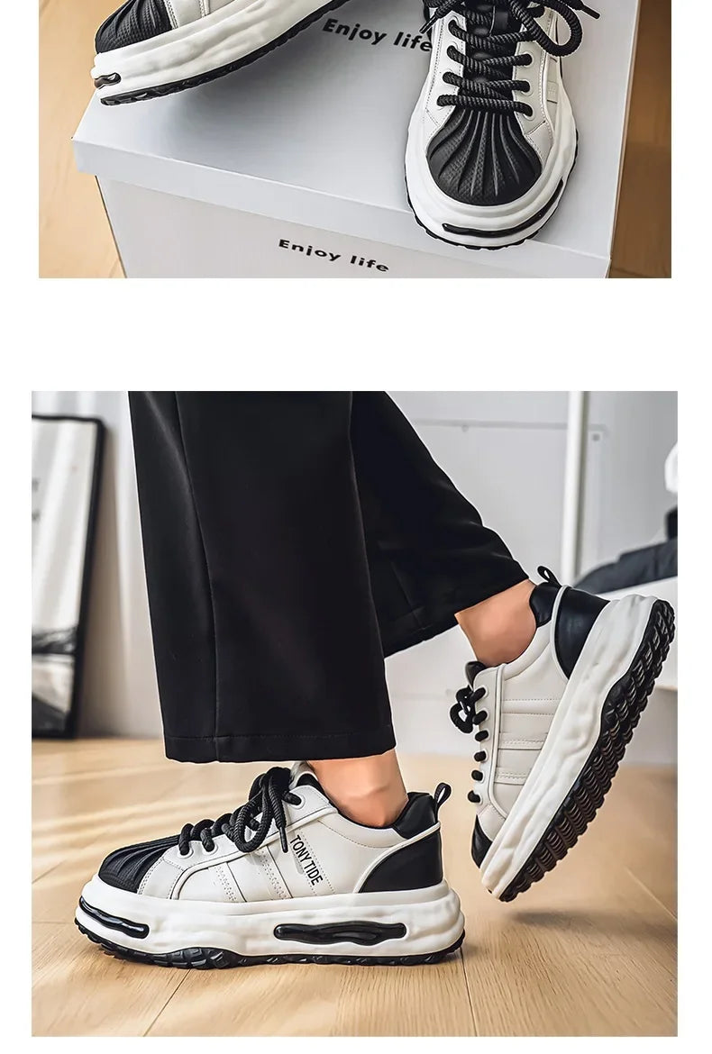 Men's Sneakers Design Printing Leather Casual Sports Shoes Fashion Comfortable Height Increased Flat Platform Skateboard Shoes