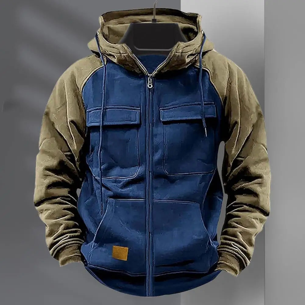 2024 Retro Cargo Hoodies Men's Half Zipper Solid Warm Fleece Sweatshirts Multi Pockets Male Hooded Jackets Thick Outdoor Hooded
